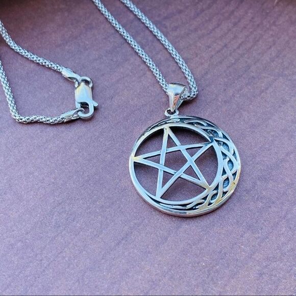 Celtic Crescent Moon And Star Sterling Silver Necklace Popcorn Chain - Picture 3 of 7